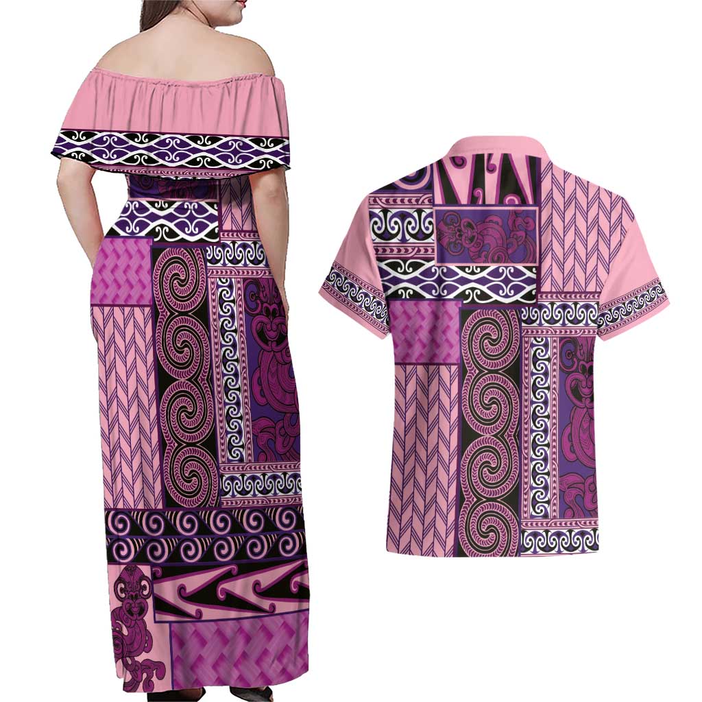 Pink Aotearoa Kowhaiwhai Pattern Couples Matching Off Shoulder Maxi Dress and Hawaiian Shirt NZ Maori Quilt Style LT14 - Polynesian Pride