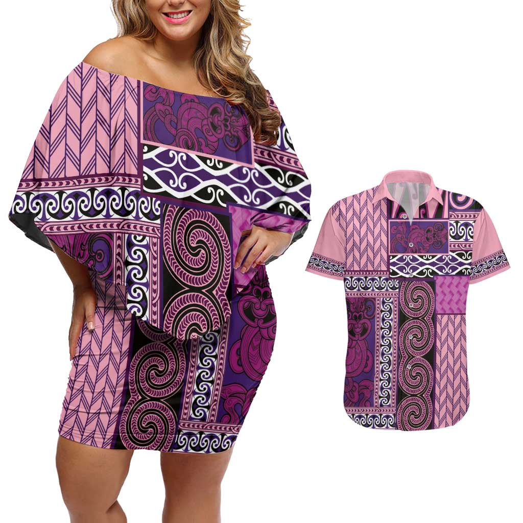Pink Aotearoa Kowhaiwhai Pattern Couples Matching Off Shoulder Short Dress and Hawaiian Shirt NZ Maori Quilt Style LT14 Pink - Polynesian Pride