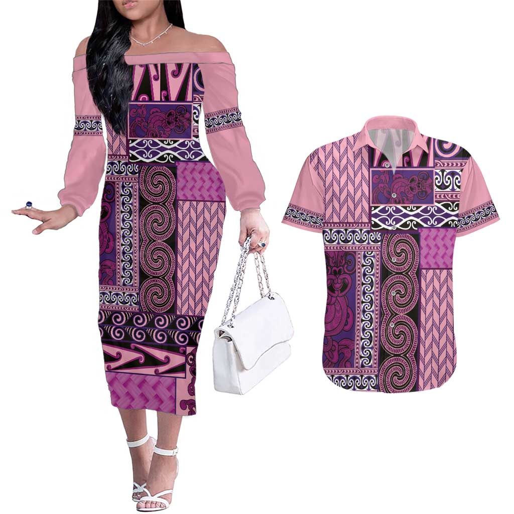 Pink Aotearoa Kowhaiwhai Pattern Couples Matching Off The Shoulder Long Sleeve Dress and Hawaiian Shirt NZ Maori Quilt Style LT14 Pink - Polynesian Pride
