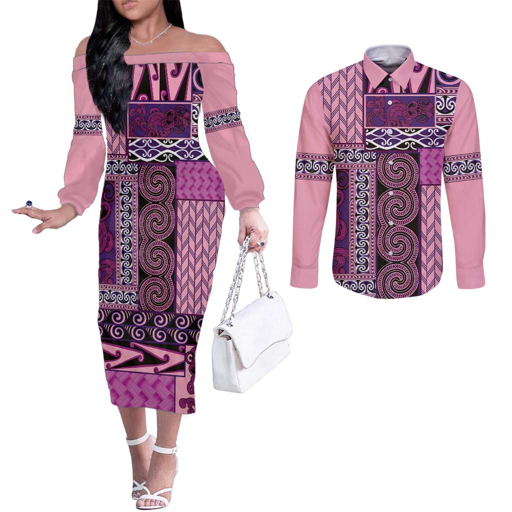 Pink Aotearoa Kowhaiwhai Pattern Couples Matching Off The Shoulder Long Sleeve Dress and Long Sleeve Button Shirt NZ Maori Quilt Style LT14 Pink - Polynesian Pride