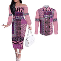 Pink Aotearoa Kowhaiwhai Pattern Couples Matching Off The Shoulder Long Sleeve Dress and Long Sleeve Button Shirt NZ Maori Quilt Style LT14 Pink - Polynesian Pride