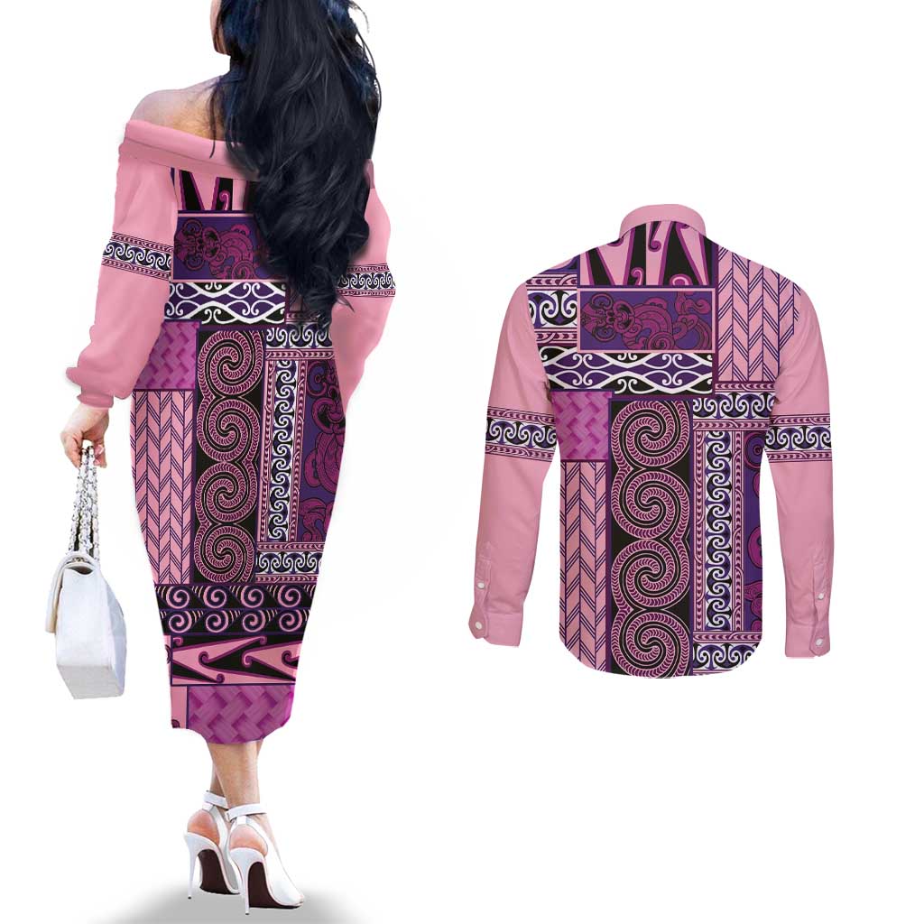 Pink Aotearoa Kowhaiwhai Pattern Couples Matching Off The Shoulder Long Sleeve Dress and Long Sleeve Button Shirt NZ Maori Quilt Style LT14 - Polynesian Pride