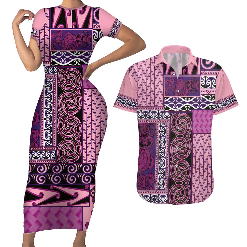 Pink Aotearoa Kowhaiwhai Pattern Couples Matching Short Sleeve Bodycon Dress and Hawaiian Shirt NZ Maori Quilt Style LT14 Pink - Polynesian Pride