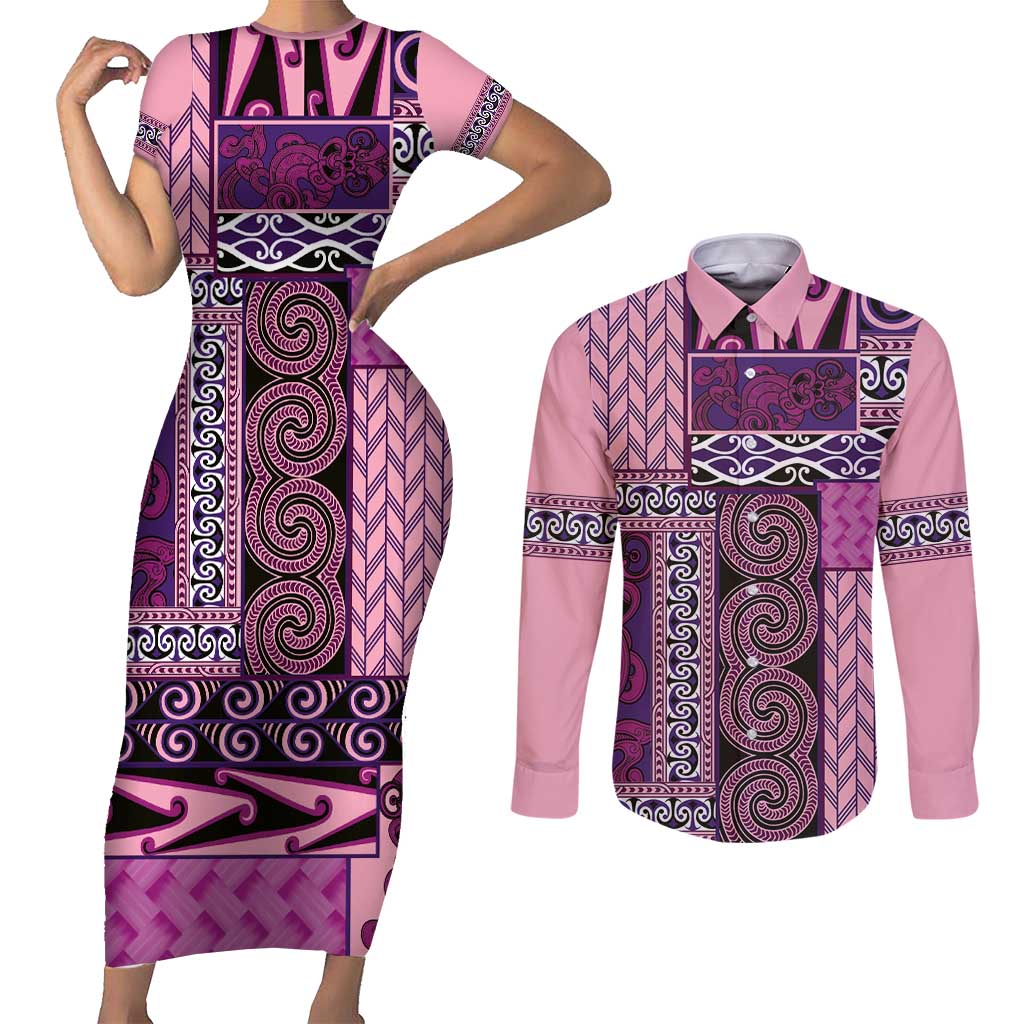 Pink Aotearoa Kowhaiwhai Pattern Couples Matching Short Sleeve Bodycon Dress and Long Sleeve Button Shirt NZ Maori Quilt Style LT14 Pink - Polynesian Pride