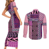 Pink Aotearoa Kowhaiwhai Pattern Couples Matching Short Sleeve Bodycon Dress and Long Sleeve Button Shirt NZ Maori Quilt Style LT14 - Polynesian Pride