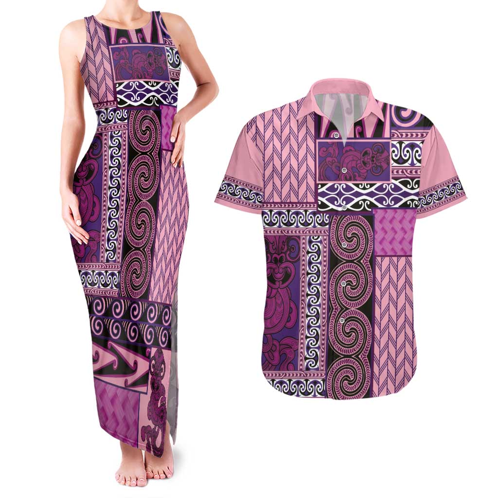 Pink Aotearoa Kowhaiwhai Pattern Couples Matching Tank Maxi Dress and Hawaiian Shirt NZ Maori Quilt Style LT14 Pink - Polynesian Pride