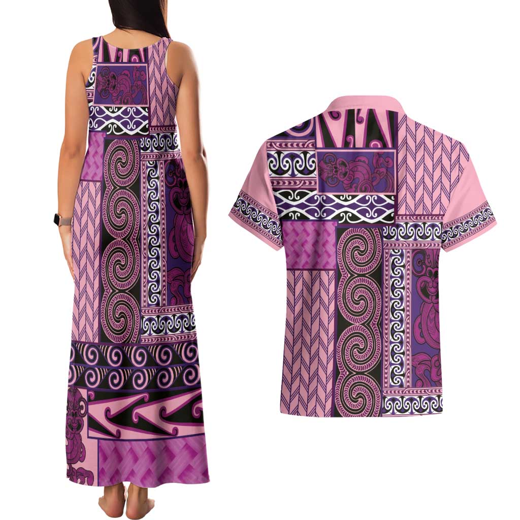 Pink Aotearoa Kowhaiwhai Pattern Couples Matching Tank Maxi Dress and Hawaiian Shirt NZ Maori Quilt Style LT14 - Polynesian Pride