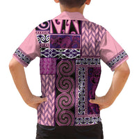 Pink Aotearoa Kowhaiwhai Pattern Family Matching Long Sleeve Bodycon Dress and Hawaiian Shirt NZ Maori Quilt Style LT14 - Polynesian Pride