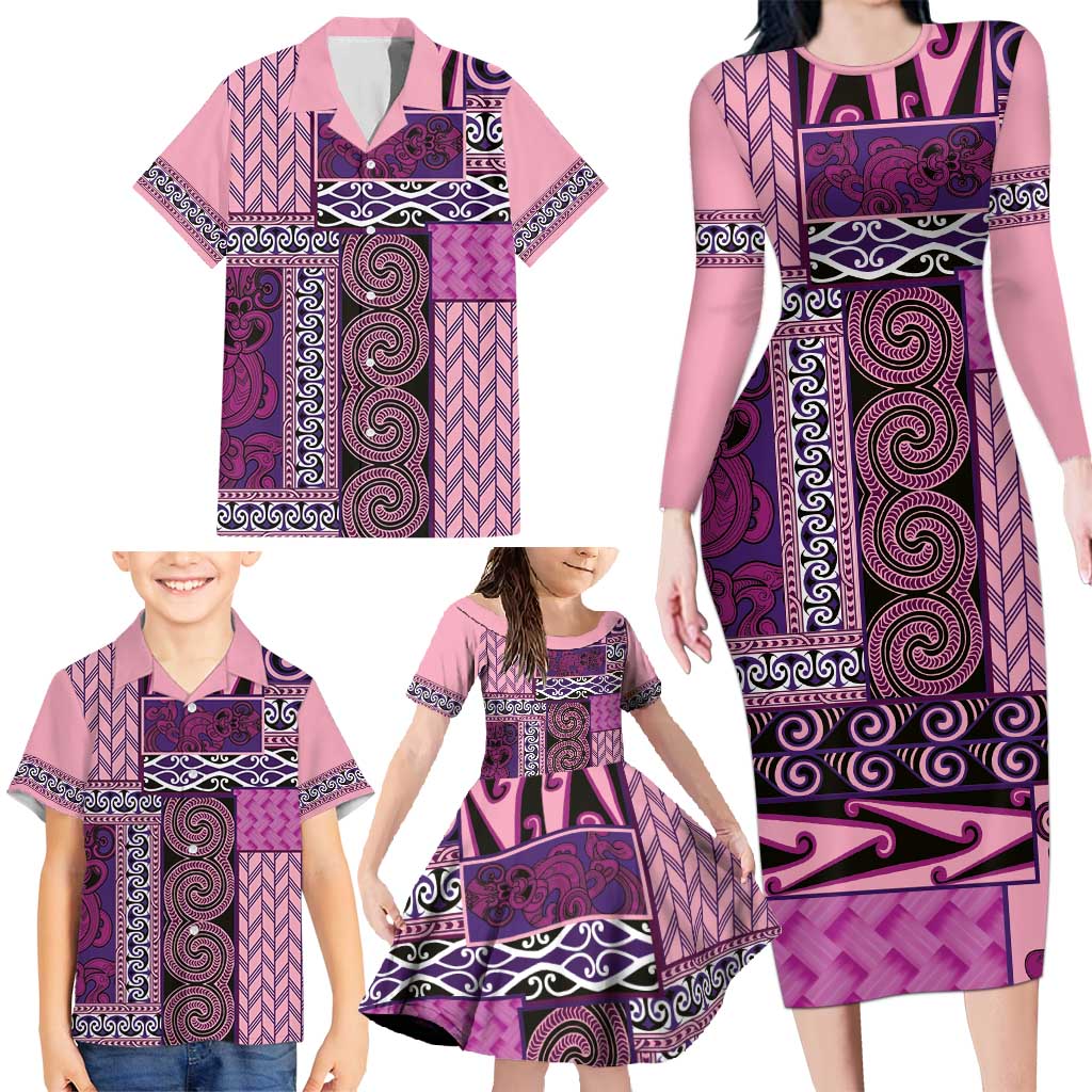 Pink Aotearoa Kowhaiwhai Pattern Family Matching Long Sleeve Bodycon Dress and Hawaiian Shirt NZ Maori Quilt Style LT14 - Polynesian Pride