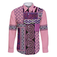 Pink Aotearoa Kowhaiwhai Pattern Family Matching Long Sleeve Bodycon Dress and Hawaiian Shirt NZ Maori Quilt Style LT14 Dad's Shirt - Long Sleeve Pink - Polynesian Pride