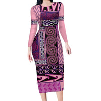 Pink Aotearoa Kowhaiwhai Pattern Family Matching Long Sleeve Bodycon Dress and Hawaiian Shirt NZ Maori Quilt Style LT14 Mom's Dress Pink - Polynesian Pride