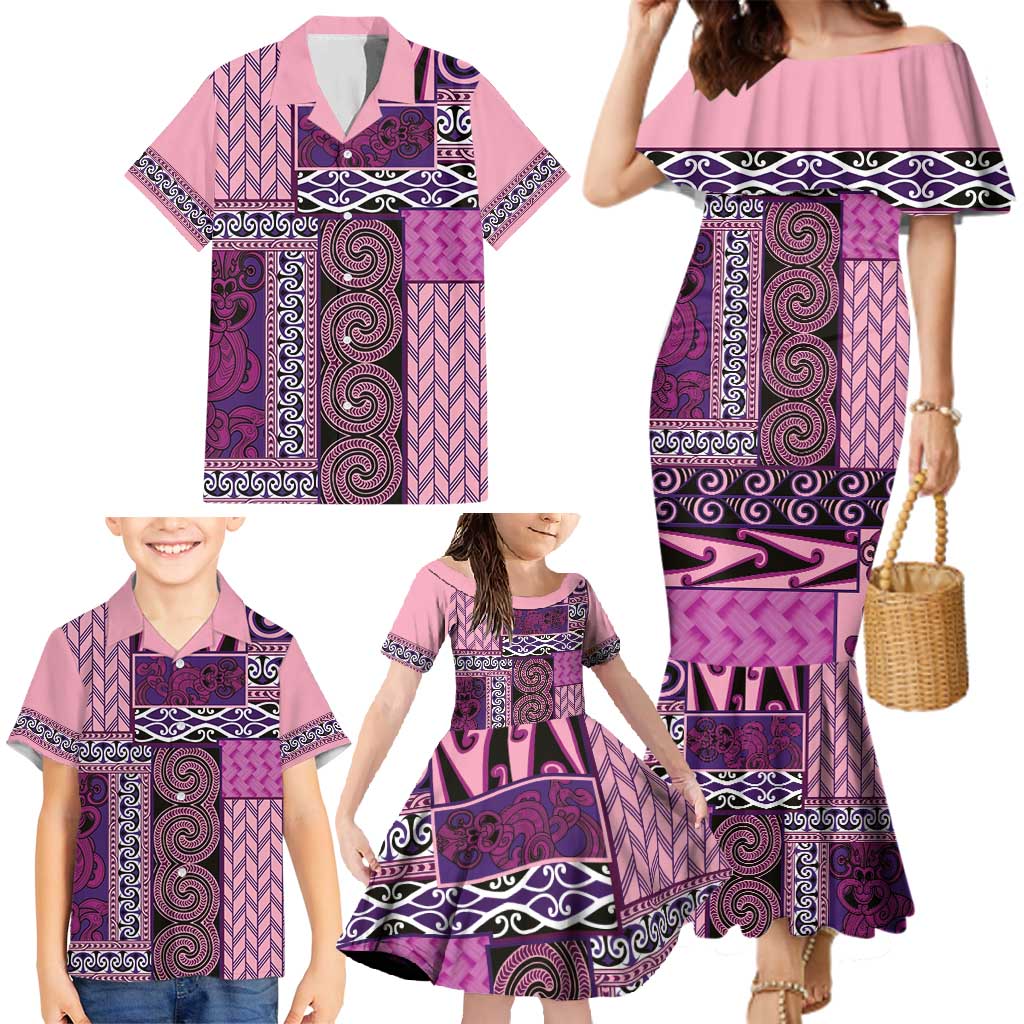 Pink Aotearoa Kowhaiwhai Pattern Family Matching Mermaid Dress and Hawaiian Shirt NZ Maori Quilt Style LT14 - Polynesian Pride