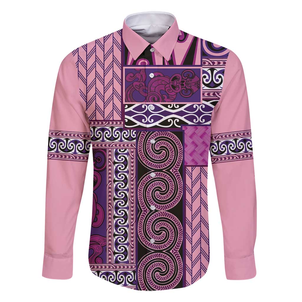 Pink Aotearoa Kowhaiwhai Pattern Family Matching Mermaid Dress and Hawaiian Shirt NZ Maori Quilt Style LT14 Dad's Shirt - Long Sleeve Pink - Polynesian Pride