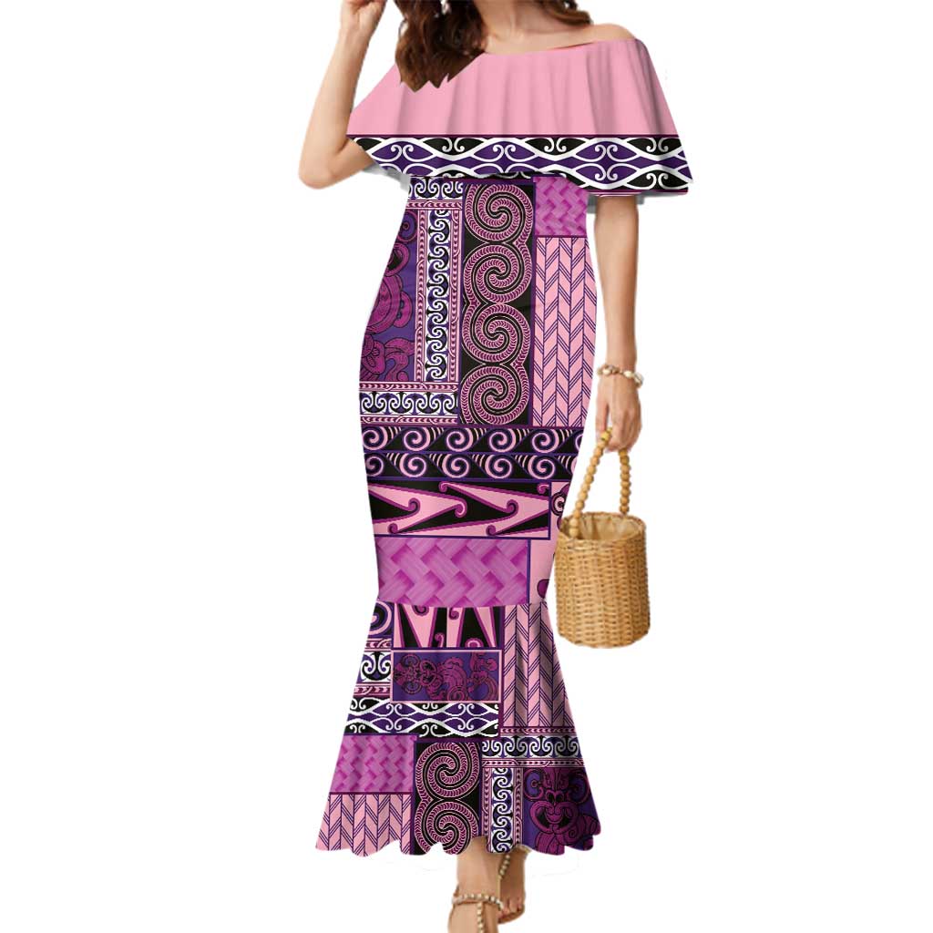 Pink Aotearoa Kowhaiwhai Pattern Family Matching Mermaid Dress and Hawaiian Shirt NZ Maori Quilt Style LT14 Mom's Dress Pink - Polynesian Pride
