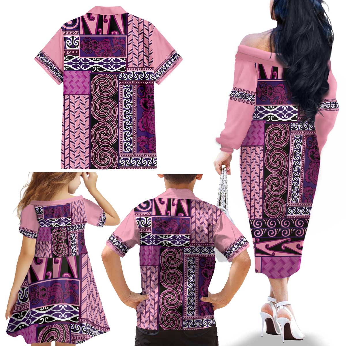 Pink Aotearoa Kowhaiwhai Pattern Family Matching Off The Shoulder Long Sleeve Dress and Hawaiian Shirt NZ Maori Quilt Style LT14 - Polynesian Pride