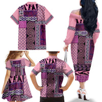 Pink Aotearoa Kowhaiwhai Pattern Family Matching Off The Shoulder Long Sleeve Dress and Hawaiian Shirt NZ Maori Quilt Style LT14 - Polynesian Pride