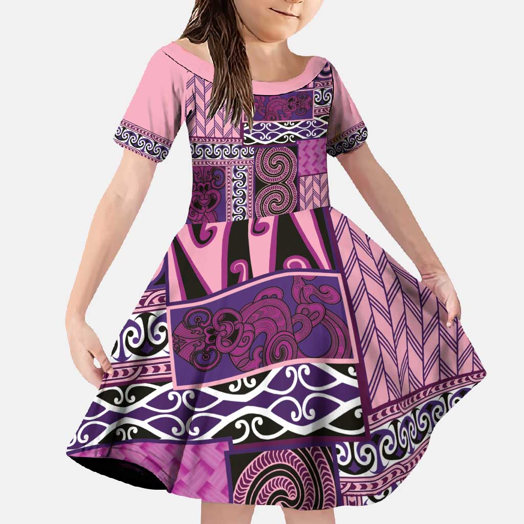 Pink Aotearoa Kowhaiwhai Pattern Family Matching Off Shoulder Maxi Dress and Hawaiian Shirt NZ Maori Quilt Style LT14 Daughter's Dress Pink - Polynesian Pride