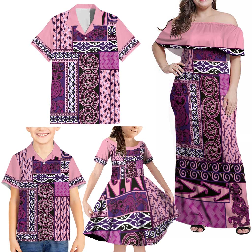 Pink Aotearoa Kowhaiwhai Pattern Family Matching Off Shoulder Maxi Dress and Hawaiian Shirt NZ Maori Quilt Style LT14 - Polynesian Pride