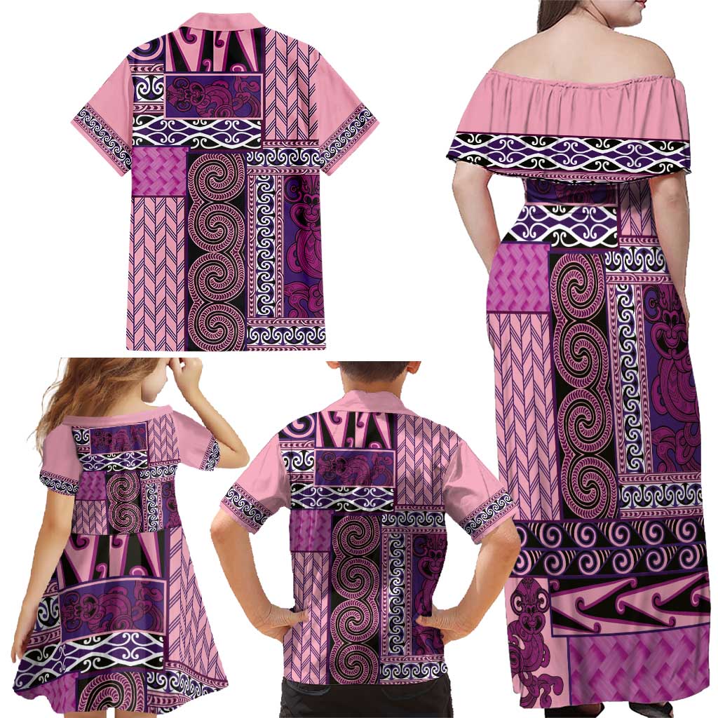 Pink Aotearoa Kowhaiwhai Pattern Family Matching Off Shoulder Maxi Dress and Hawaiian Shirt NZ Maori Quilt Style LT14 - Polynesian Pride