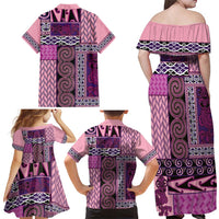 Pink Aotearoa Kowhaiwhai Pattern Family Matching Off Shoulder Maxi Dress and Hawaiian Shirt NZ Maori Quilt Style LT14 - Polynesian Pride