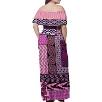 Pink Aotearoa Kowhaiwhai Pattern Family Matching Off Shoulder Maxi Dress and Hawaiian Shirt NZ Maori Quilt Style LT14 - Polynesian Pride
