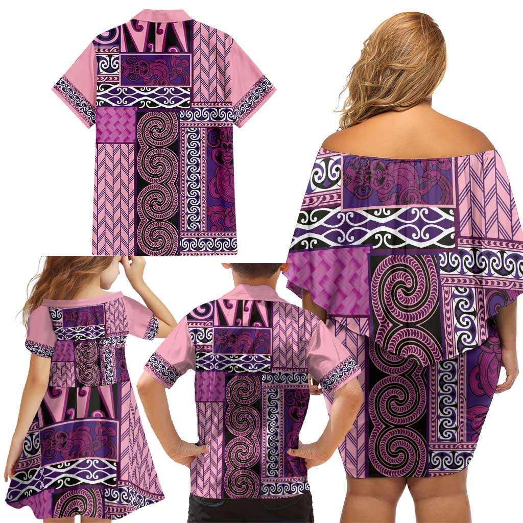 Pink Aotearoa Kowhaiwhai Pattern Family Matching Off Shoulder Short Dress and Hawaiian Shirt NZ Maori Quilt Style LT14 - Polynesian Pride