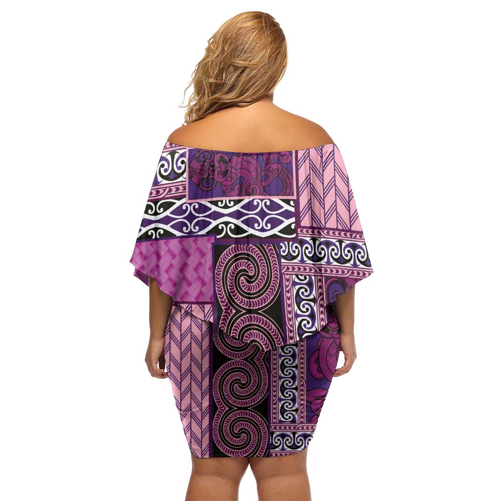 Pink Aotearoa Kowhaiwhai Pattern Family Matching Off Shoulder Short Dress and Hawaiian Shirt NZ Maori Quilt Style LT14 - Polynesian Pride