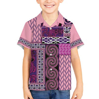 Pink Aotearoa Kowhaiwhai Pattern Family Matching Off Shoulder Short Dress and Hawaiian Shirt NZ Maori Quilt Style LT14 Son's Shirt Pink - Polynesian Pride