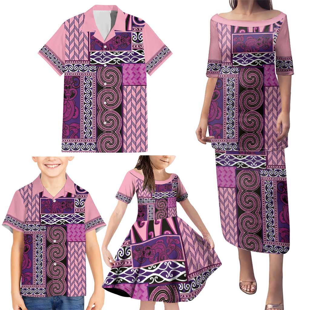 Pink Aotearoa Kowhaiwhai Pattern Family Matching Puletasi and Hawaiian Shirt NZ Maori Quilt Style LT14 - Polynesian Pride