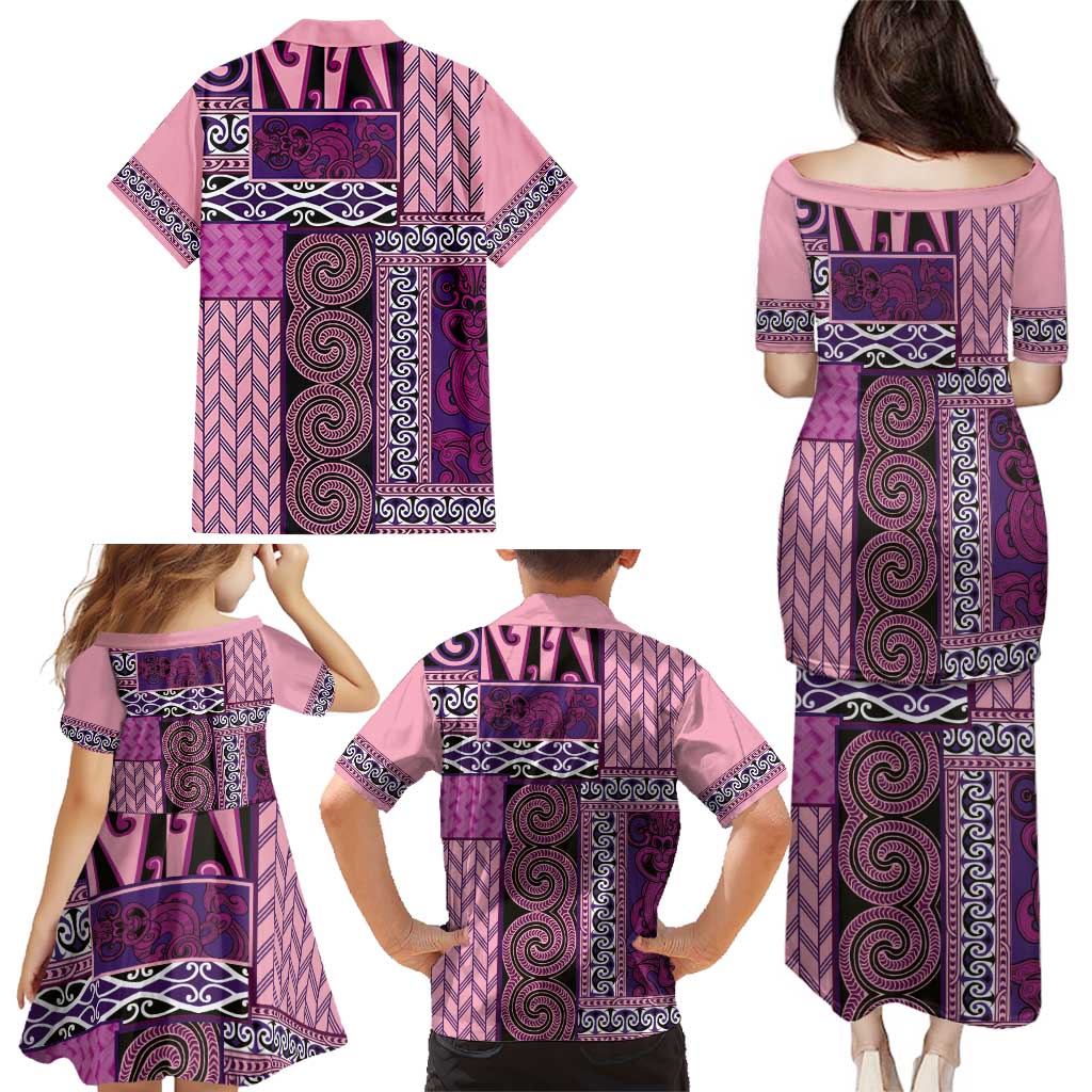 Pink Aotearoa Kowhaiwhai Pattern Family Matching Puletasi and Hawaiian Shirt NZ Maori Quilt Style LT14 - Polynesian Pride