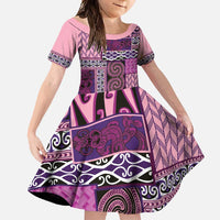 Pink Aotearoa Kowhaiwhai Pattern Family Matching Short Sleeve Bodycon Dress and Hawaiian Shirt NZ Maori Quilt Style LT14 Daughter's Dress Pink - Polynesian Pride