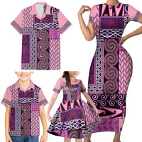 Pink Aotearoa Kowhaiwhai Pattern Family Matching Short Sleeve Bodycon Dress and Hawaiian Shirt NZ Maori Quilt Style LT14 - Polynesian Pride