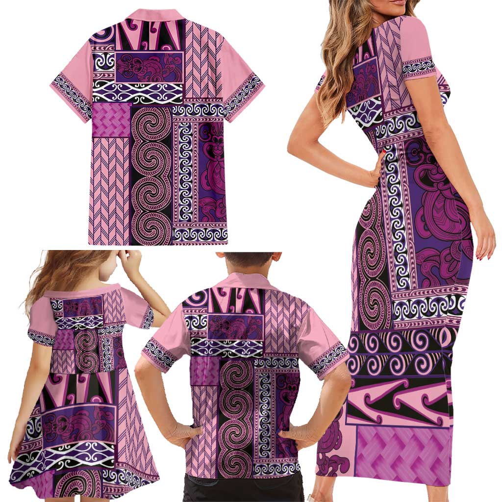 Pink Aotearoa Kowhaiwhai Pattern Family Matching Short Sleeve Bodycon Dress and Hawaiian Shirt NZ Maori Quilt Style LT14 - Polynesian Pride