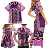 Pink Aotearoa Kowhaiwhai Pattern Family Matching Short Sleeve Bodycon Dress and Hawaiian Shirt NZ Maori Quilt Style LT14 - Polynesian Pride