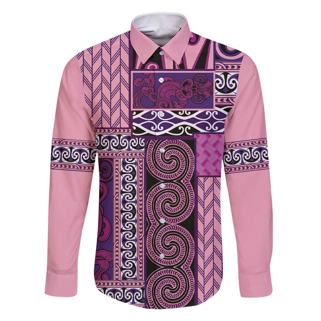 Pink Aotearoa Kowhaiwhai Pattern Family Matching Short Sleeve Bodycon Dress and Hawaiian Shirt NZ Maori Quilt Style LT14 Dad's Shirt - Long Sleeve Pink - Polynesian Pride