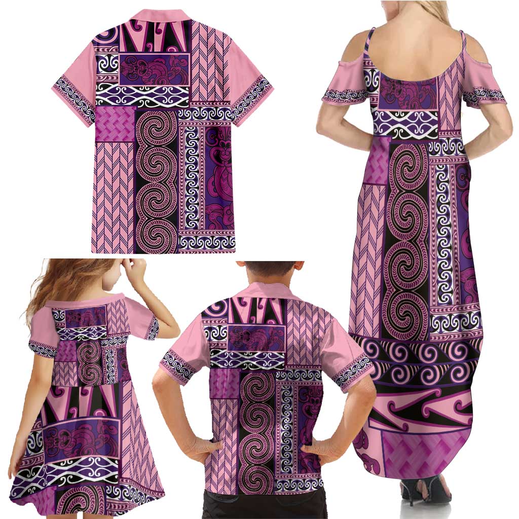 Pink Aotearoa Kowhaiwhai Pattern Family Matching Summer Maxi Dress and Hawaiian Shirt NZ Maori Quilt Style LT14 - Polynesian Pride