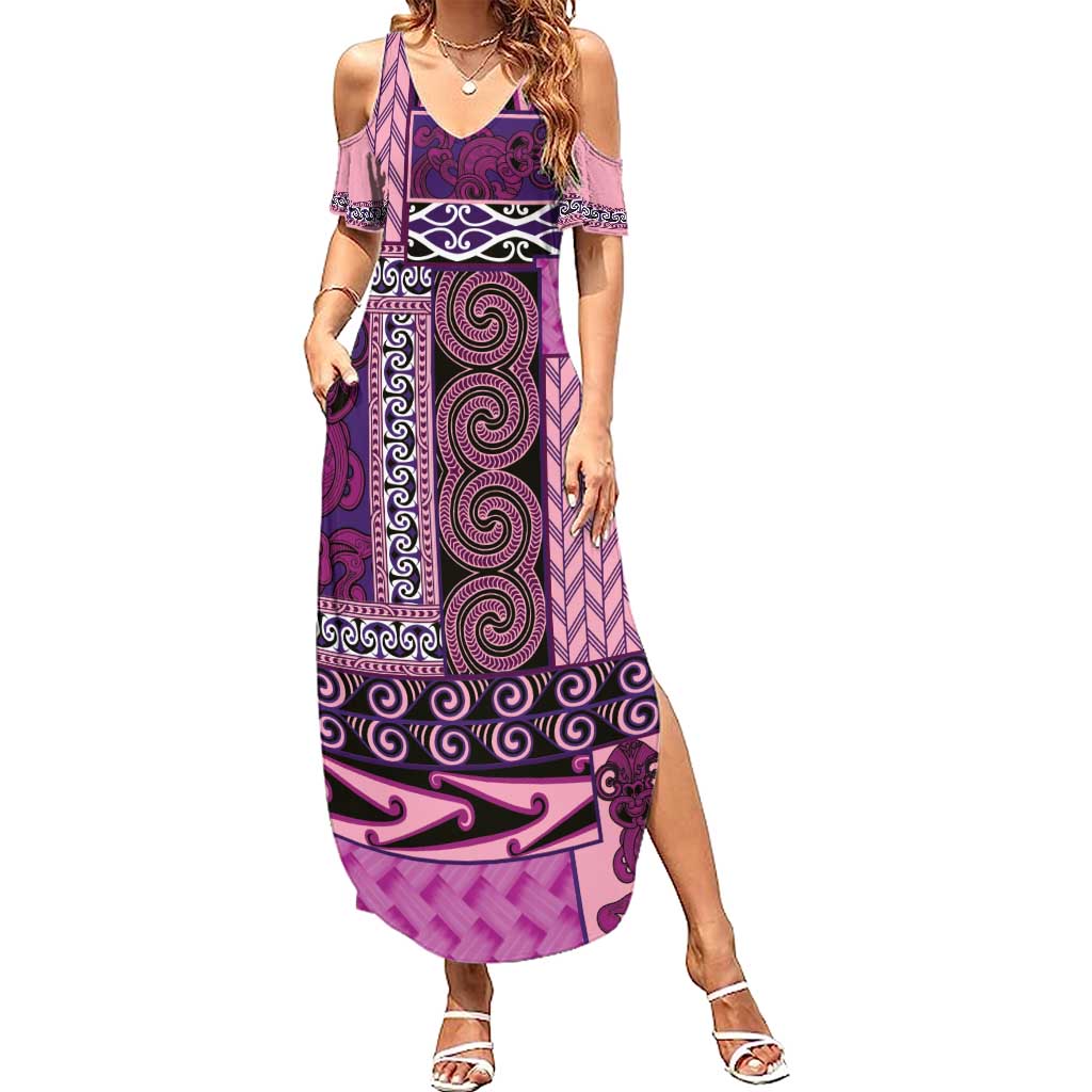 Pink Aotearoa Kowhaiwhai Pattern Family Matching Summer Maxi Dress and Hawaiian Shirt NZ Maori Quilt Style LT14 Mom's Dress Pink - Polynesian Pride