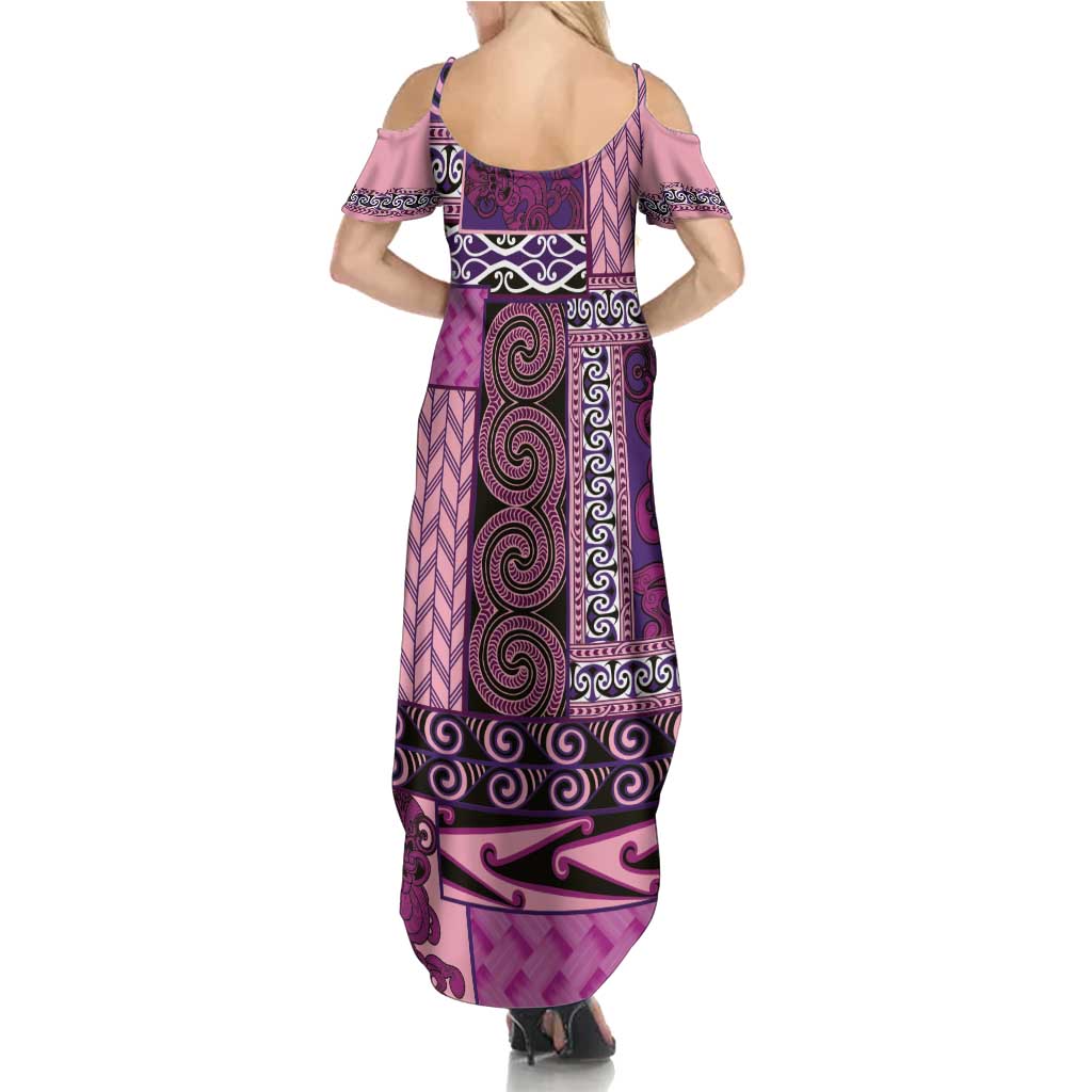 Pink Aotearoa Kowhaiwhai Pattern Family Matching Summer Maxi Dress and Hawaiian Shirt NZ Maori Quilt Style LT14 - Polynesian Pride