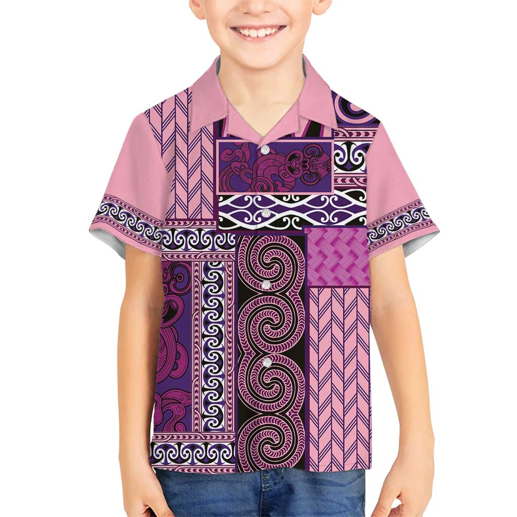 Pink Aotearoa Kowhaiwhai Pattern Family Matching Summer Maxi Dress and Hawaiian Shirt NZ Maori Quilt Style LT14 Son's Shirt Pink - Polynesian Pride