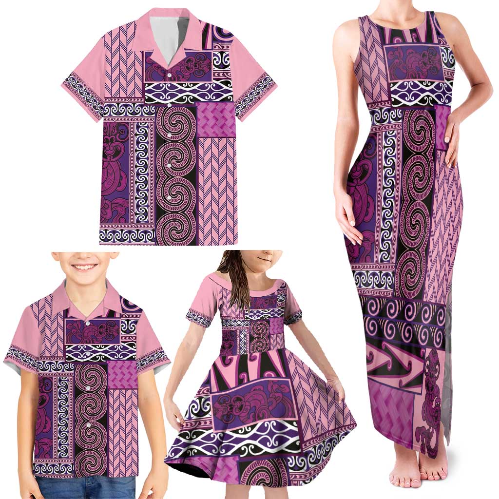 Pink Aotearoa Kowhaiwhai Pattern Family Matching Tank Maxi Dress and Hawaiian Shirt NZ Maori Quilt Style LT14 - Polynesian Pride