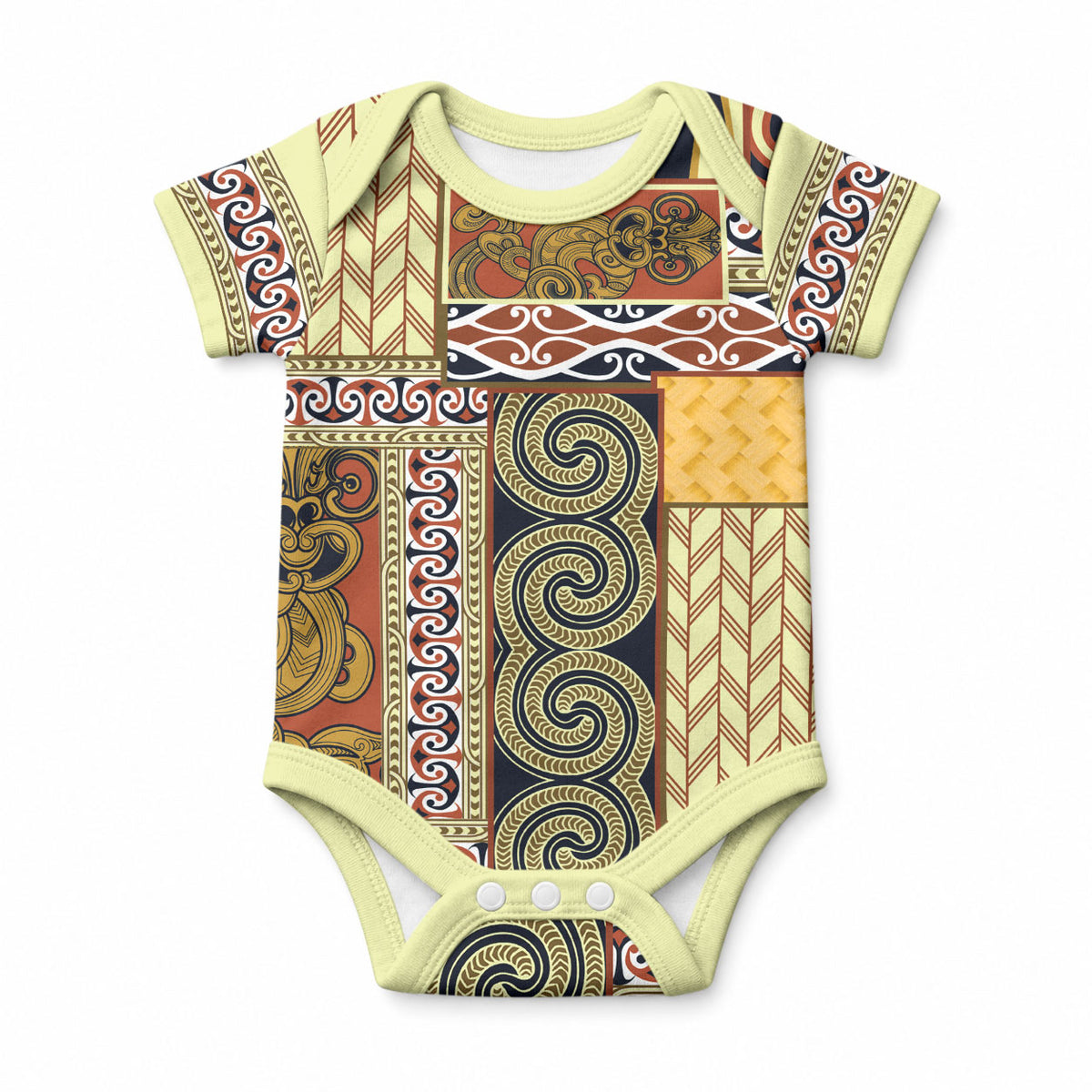 Yellow Aotearoa Kowhaiwhai Pattern Baby Onesie NZ Maori Quilt Style