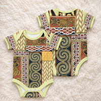 Yellow Aotearoa Kowhaiwhai Pattern Baby Onesie NZ Maori Quilt Style