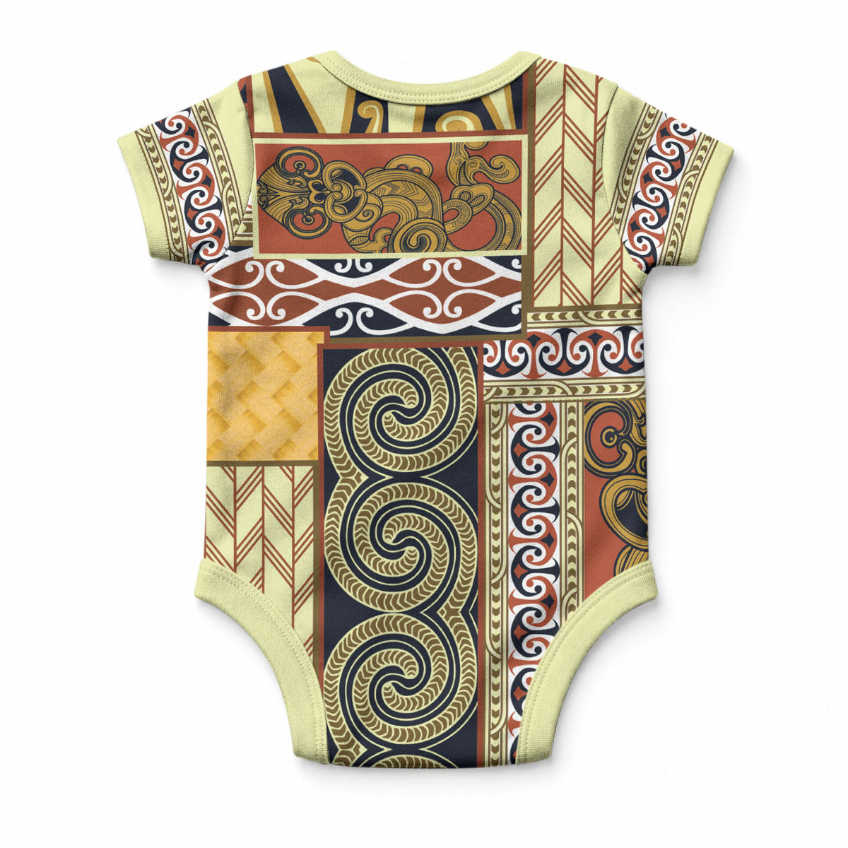 Yellow Aotearoa Kowhaiwhai Pattern Baby Onesie NZ Maori Quilt Style