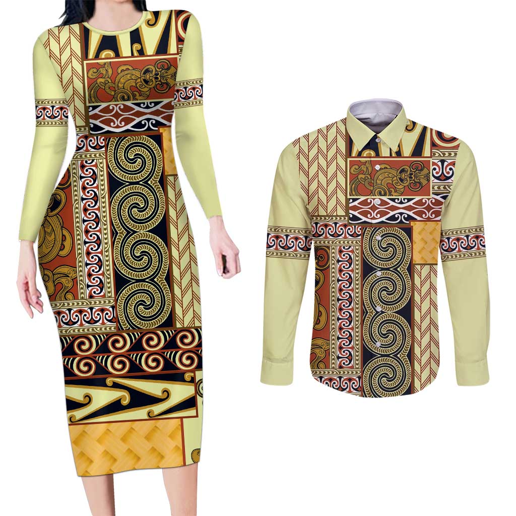 Yellow Aotearoa Kowhaiwhai Pattern Couples Matching Long Sleeve Bodycon Dress and Long Sleeve Button Shirt NZ Maori Quilt Style LT14 Yellow - Polynesian Pride
