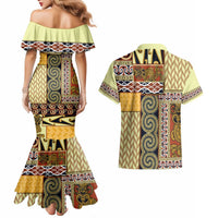 Yellow Aotearoa Kowhaiwhai Pattern Couples Matching Mermaid Dress and Hawaiian Shirt NZ Maori Quilt Style LT14 - Polynesian Pride