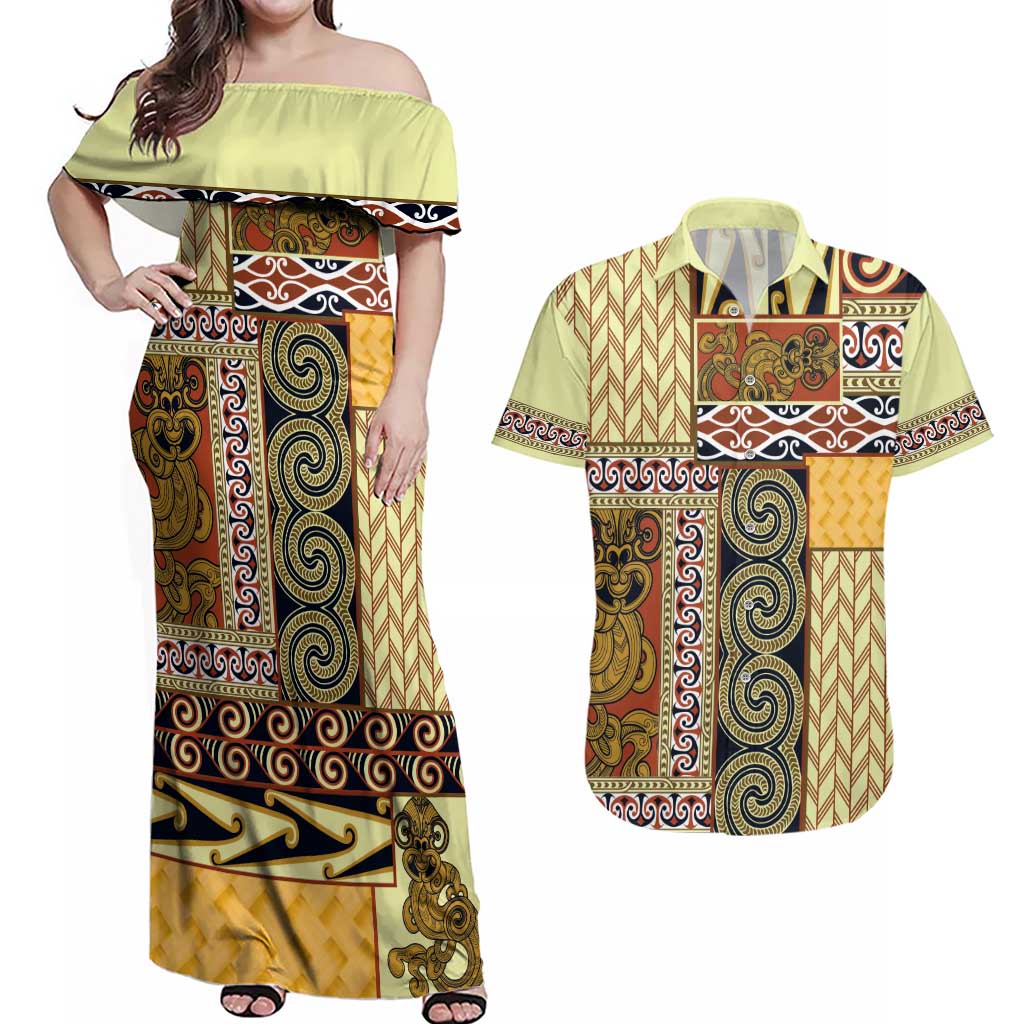 Yellow Aotearoa Kowhaiwhai Pattern Couples Matching Off Shoulder Maxi Dress and Hawaiian Shirt NZ Maori Quilt Style LT14 Yellow - Polynesian Pride