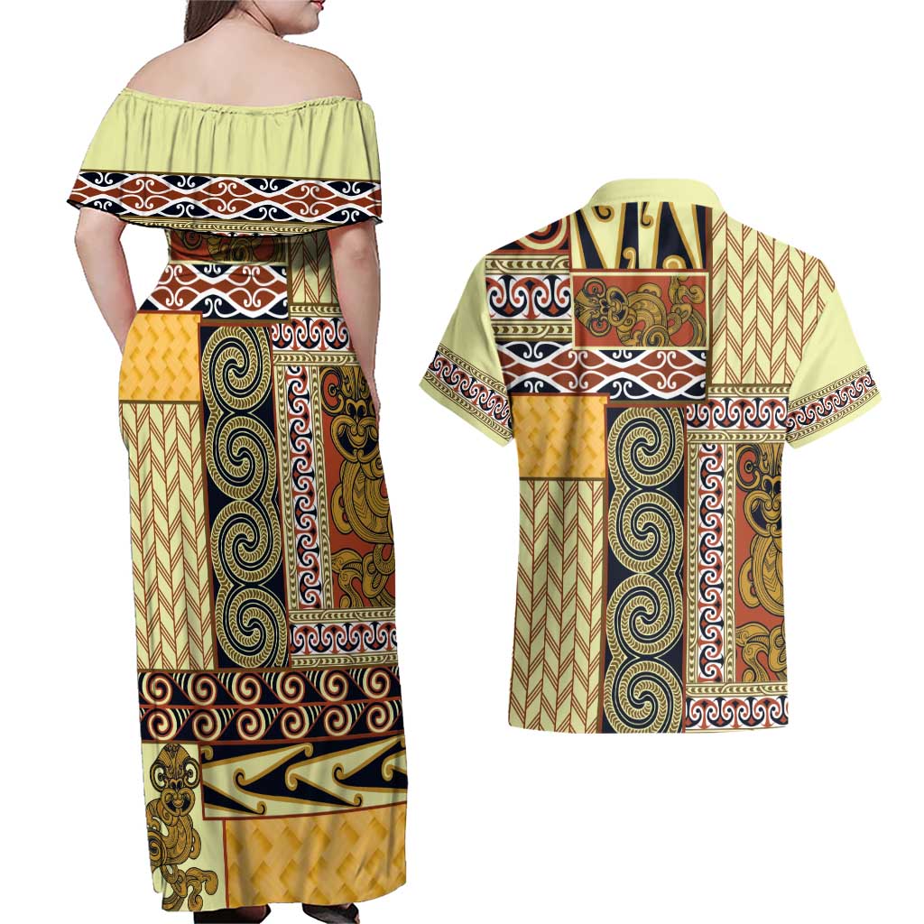 Yellow Aotearoa Kowhaiwhai Pattern Couples Matching Off Shoulder Maxi Dress and Hawaiian Shirt NZ Maori Quilt Style LT14 - Polynesian Pride