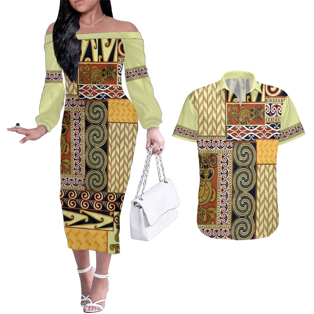 Yellow Aotearoa Kowhaiwhai Pattern Couples Matching Off The Shoulder Long Sleeve Dress and Hawaiian Shirt NZ Maori Quilt Style LT14 Yellow - Polynesian Pride