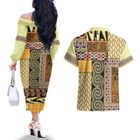 Yellow Aotearoa Kowhaiwhai Pattern Couples Matching Off The Shoulder Long Sleeve Dress and Hawaiian Shirt NZ Maori Quilt Style LT14 - Polynesian Pride