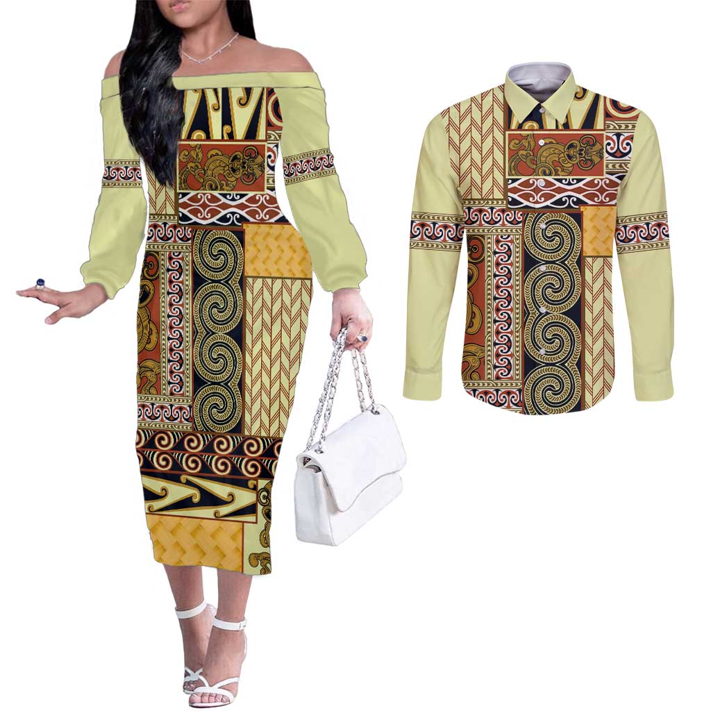 Yellow Aotearoa Kowhaiwhai Pattern Couples Matching Off The Shoulder Long Sleeve Dress and Long Sleeve Button Shirt NZ Maori Quilt Style LT14 Yellow - Polynesian Pride